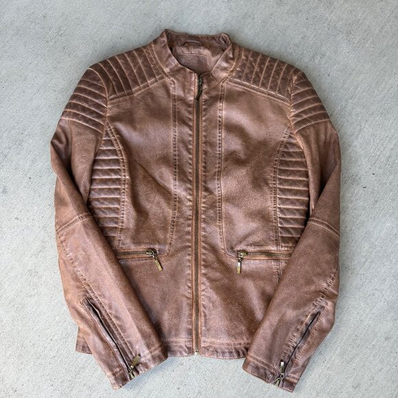 NWOT Max Edition Womens Vegan Leather Moto Biker Jacket, Brown Size Small - Picture 1 of 5